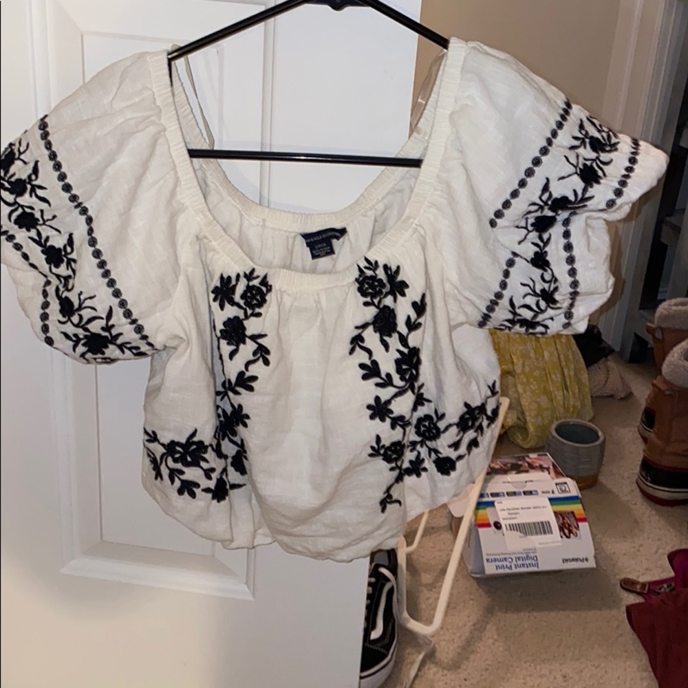 AEO Cream and Black Floral Embroidered Top